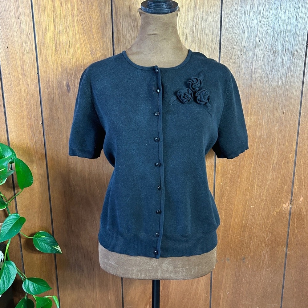 Vintage Grace Elements Black Short Sleeve Cardigan‎ Sweater Floral  Silk Blend